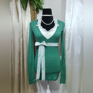 ♡ Y2K ♡ Hollister Green Empire Waist Ribbed Long Sleeve Babydoll Top